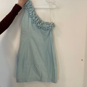 Seersucker one shoulder dress. Carolina blue and white
